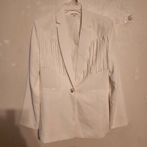 GeeGee White One Button Fringe Blazer Faux Pockets Size S NWOT
